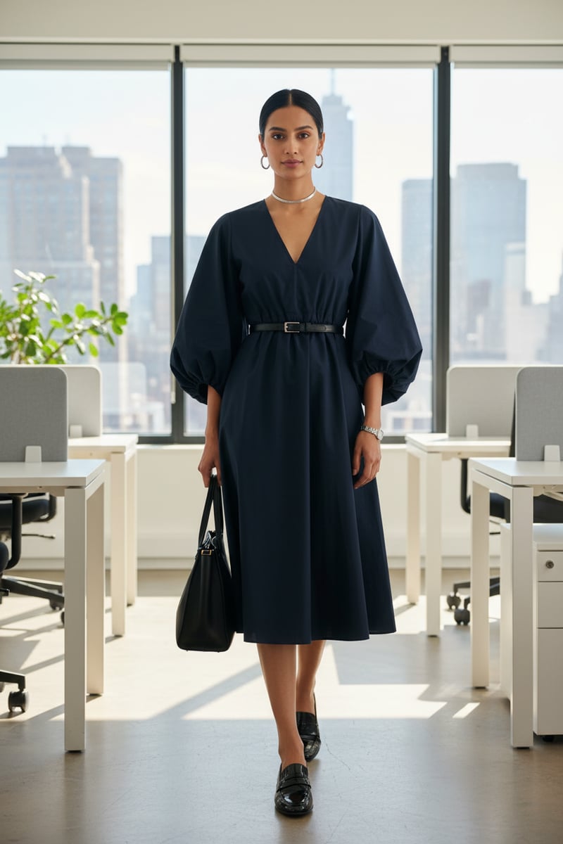 Navy Poplin Midi Dress with Cinched Waist and Balloon Sleeves