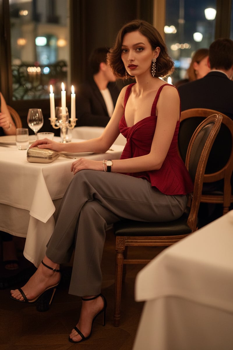 Red Plissé Knot-Front Peplum Top