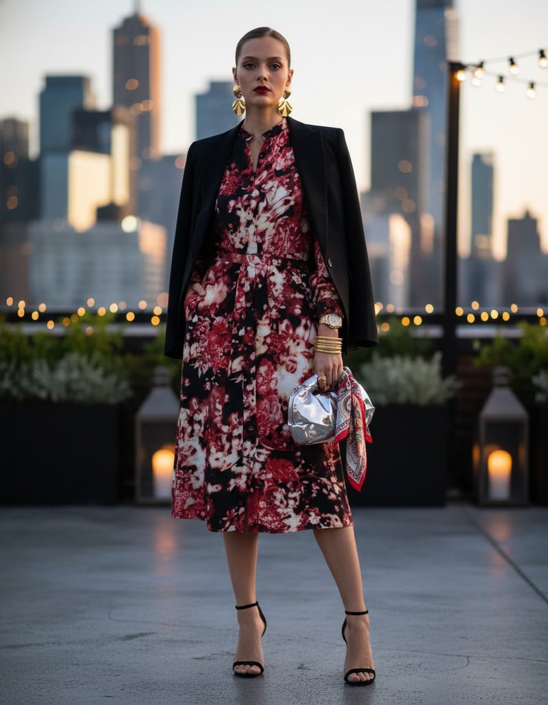 Red Floral Printed Belted Midi Shirt Dress
