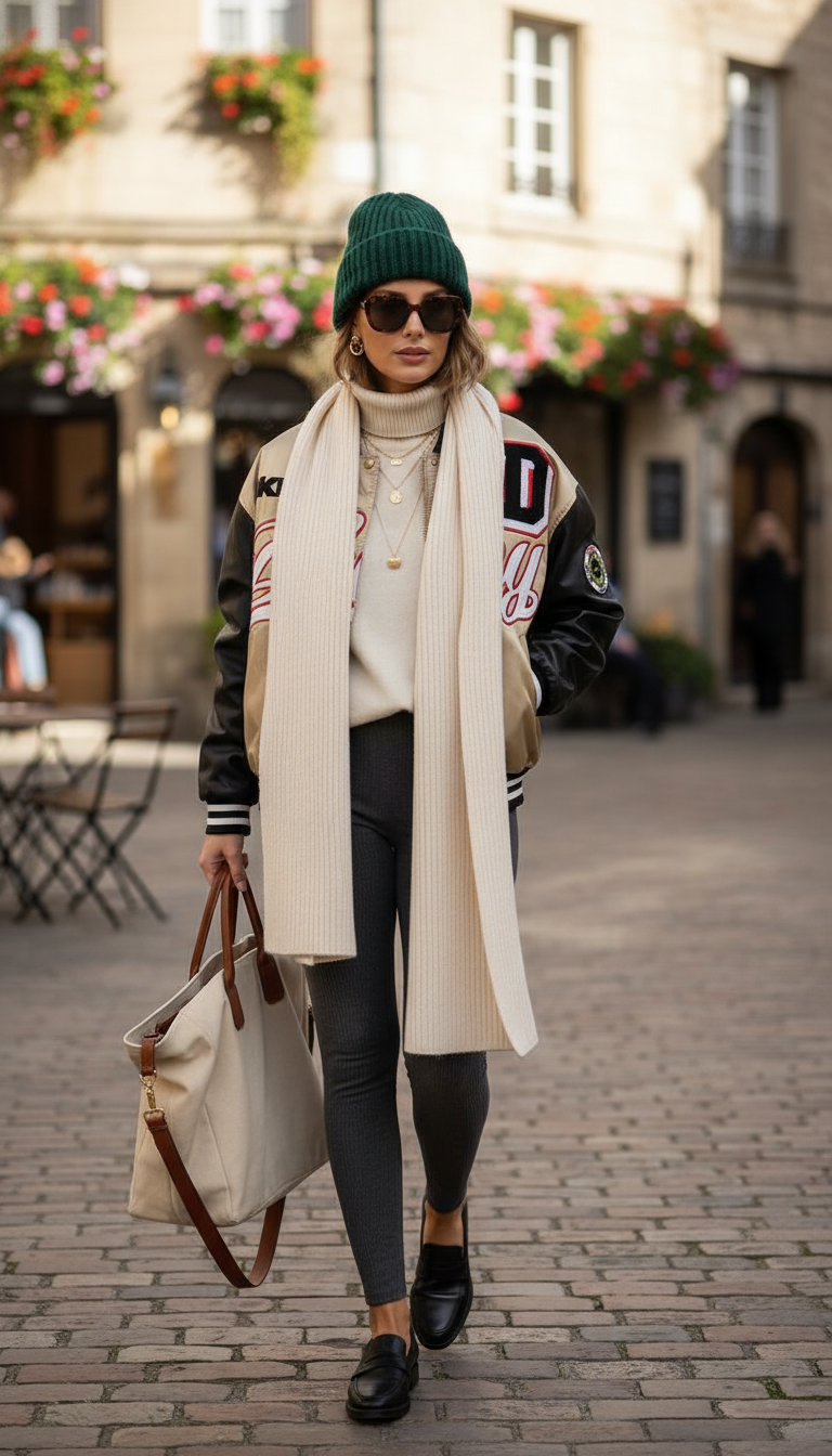 Beige and Black Colorblock Varsity Bomber Jacket