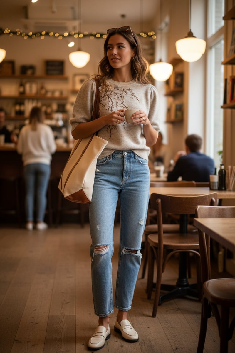 Ivory Embellished Puff Sleeve Pullover Sweater