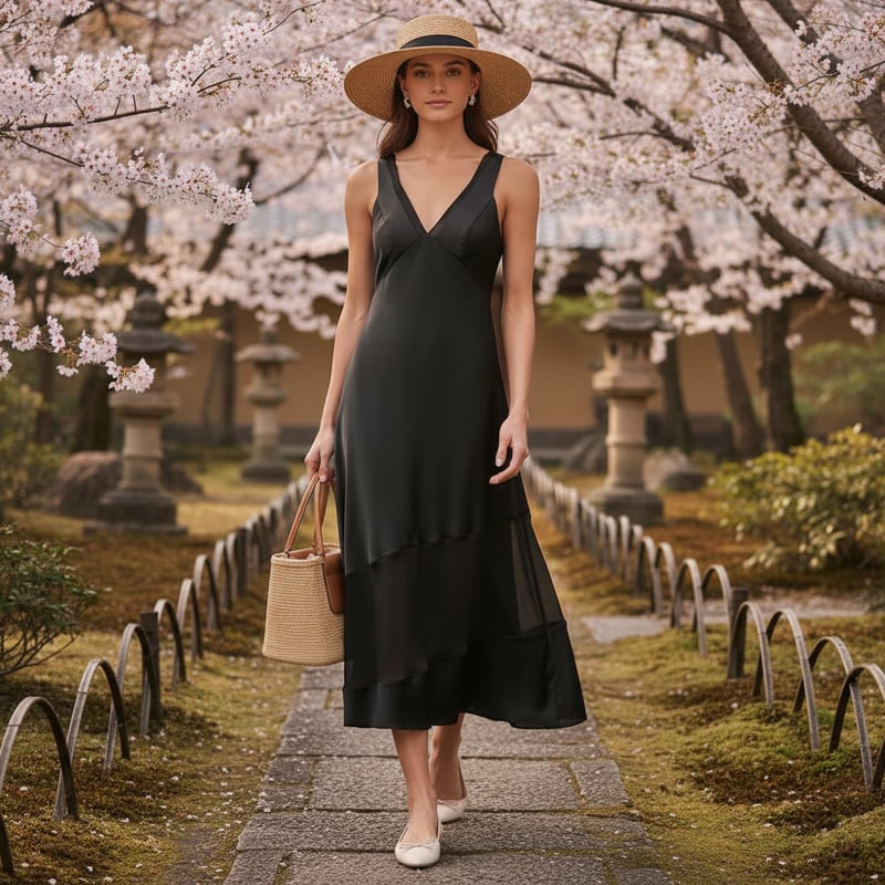 Black Satin Slip Midi Dress with Sheer Hem Panels