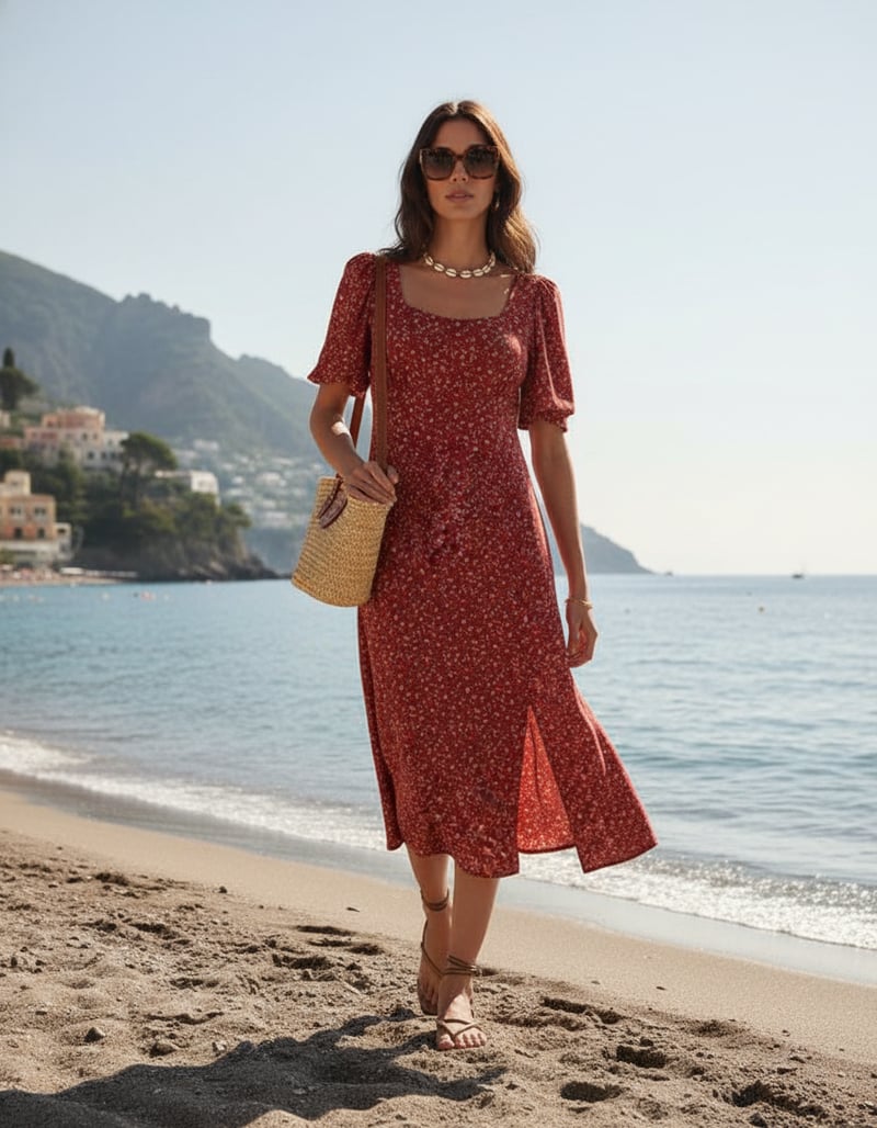 Red Ditsy Floral Scoop Neck Midi Dress with Slit