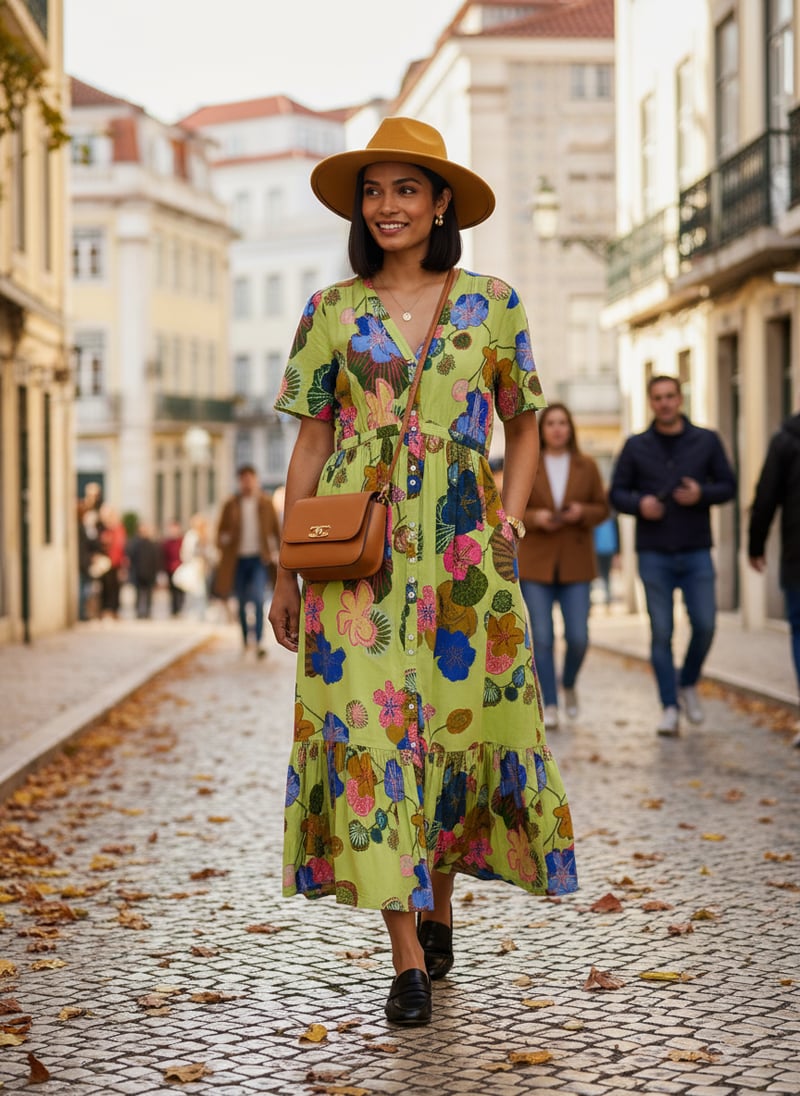Green Floral Button-Through Tiered Midi Dress