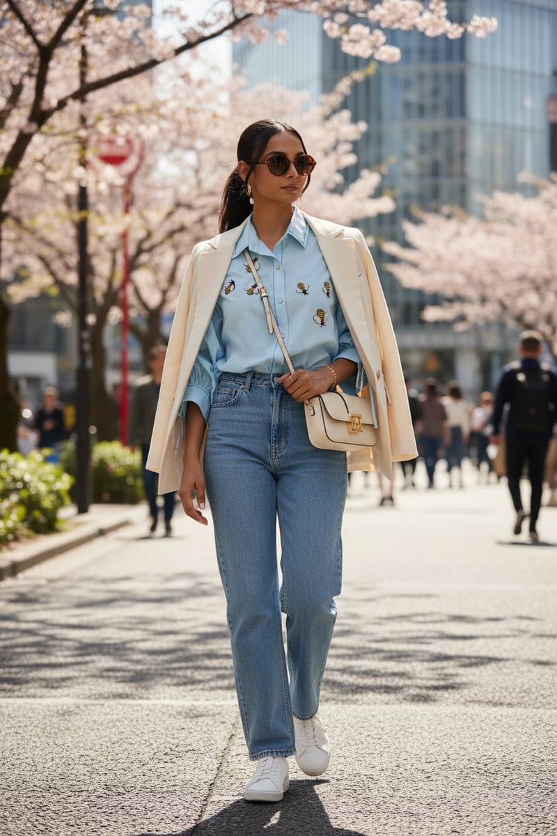 Powder Blue Cotton Shirt with Honey Bee Patch Motifs