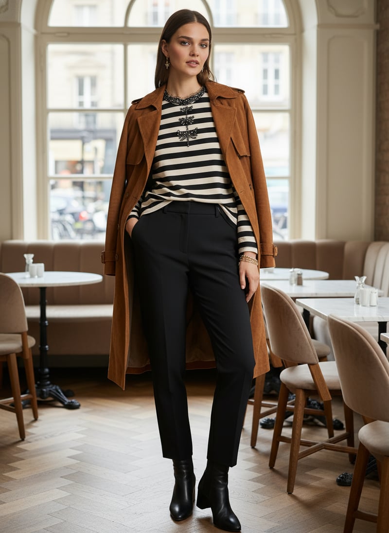 Black and White Striped Embellished Long Sleeve T-Shirt