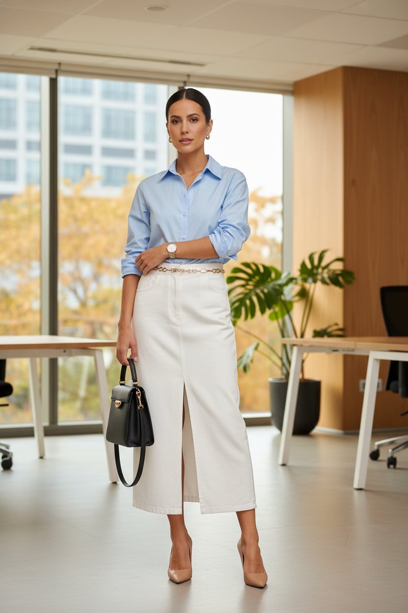 White High-Waist Denim Midi Pencil Skirt with Slit