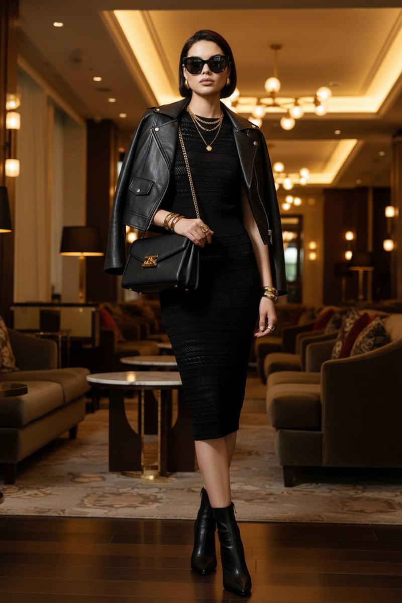 Black Pointelle Knit Racer Neck Bodycon Midi Dress