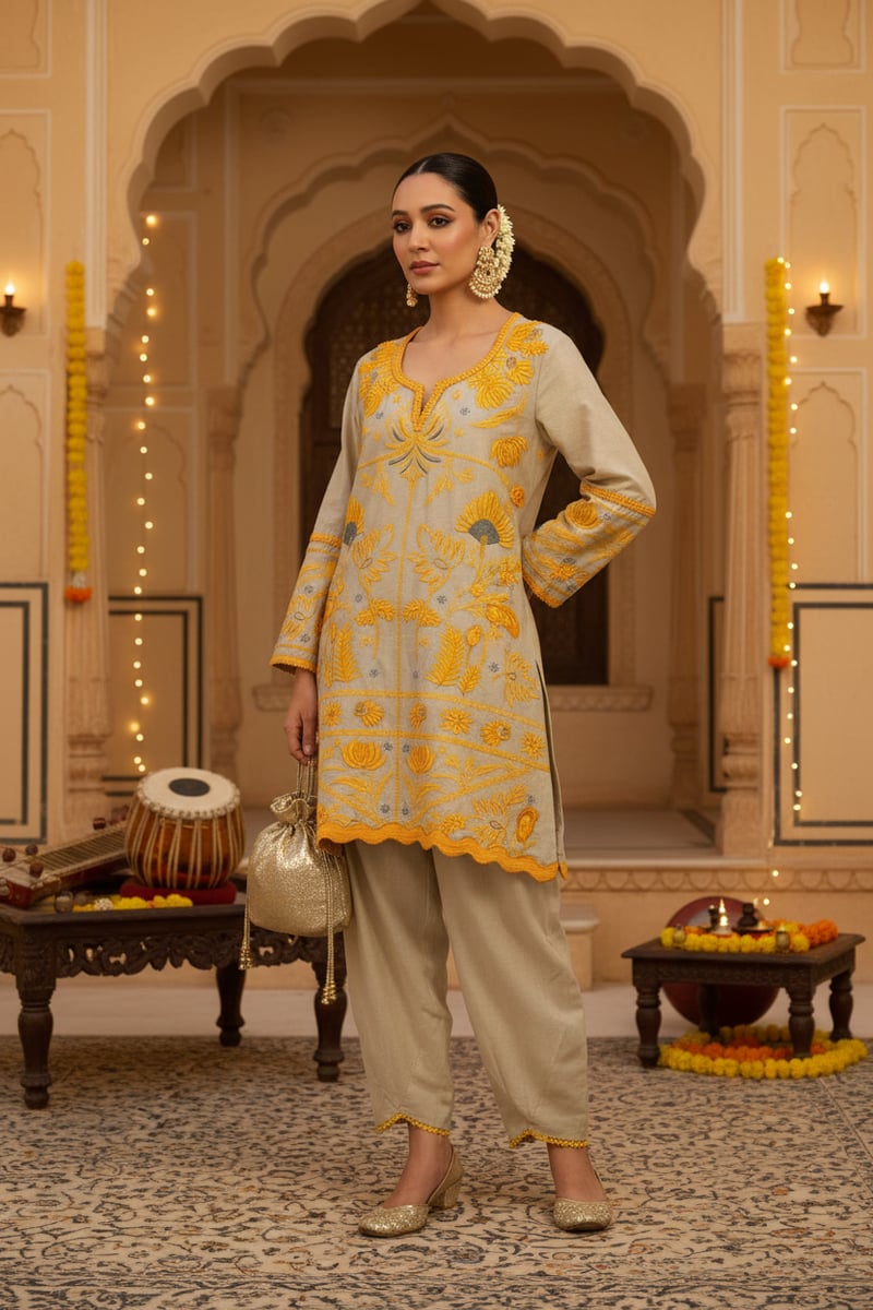 Beige Chanderi Embroidered Kurta Co-ord Set
