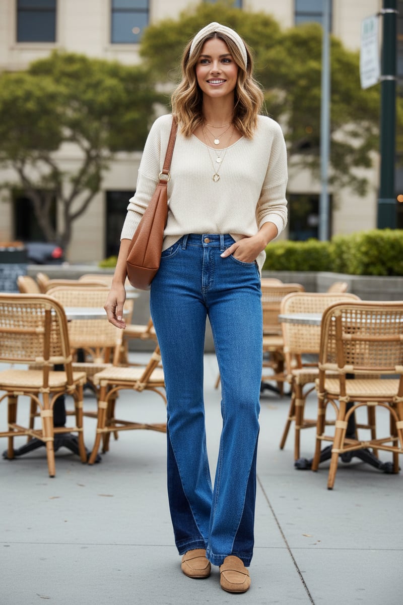 Blue High-Waist Flared Jeans with Zip and Button Closure