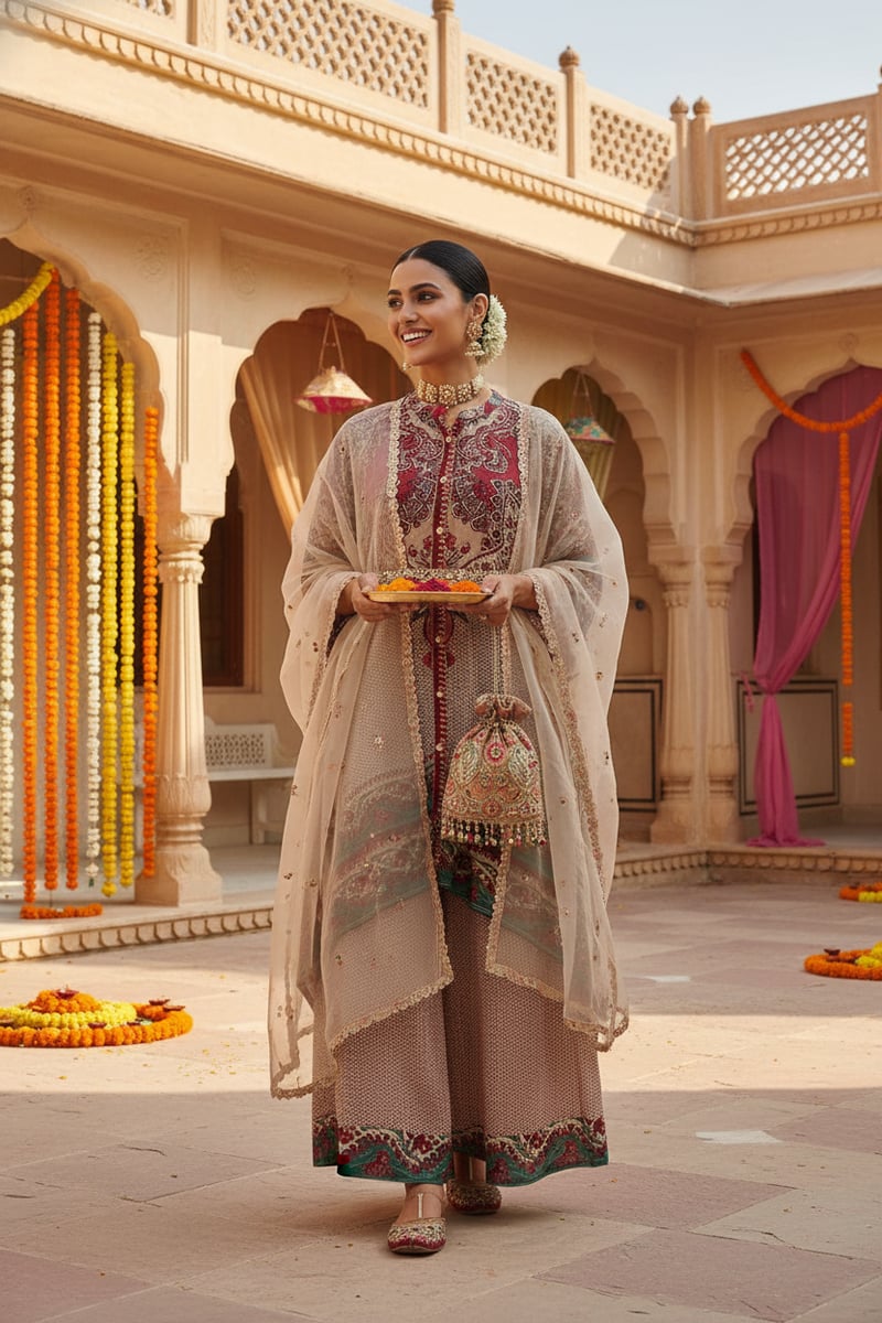 Printed Kaftan Top and Wide-Leg Pants Co-ord Set
