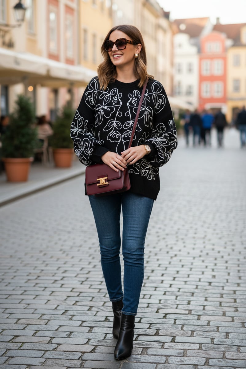 Black Abstract Line-Art Relaxed Fit Sweater