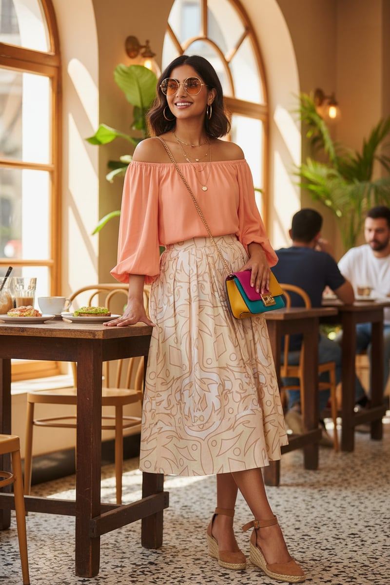 Beige Abstract Geometric Print High-Waist Midi Skirt