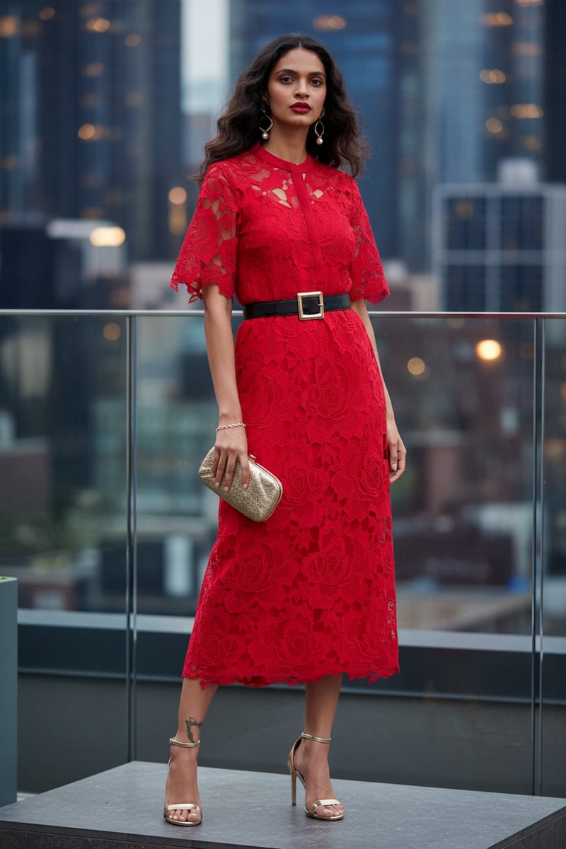 Red Lace Midi Dress with Band Collar and Flared Sleeves