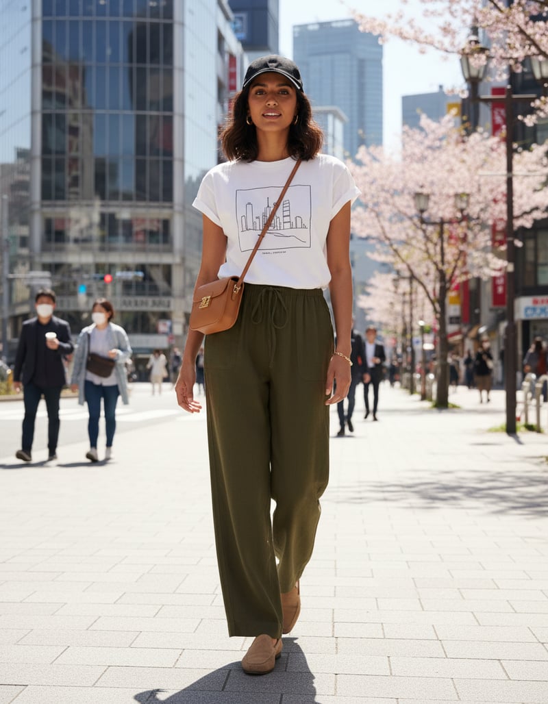 Olive Green Wide-Leg Drawstring Trousers with Patch Pockets