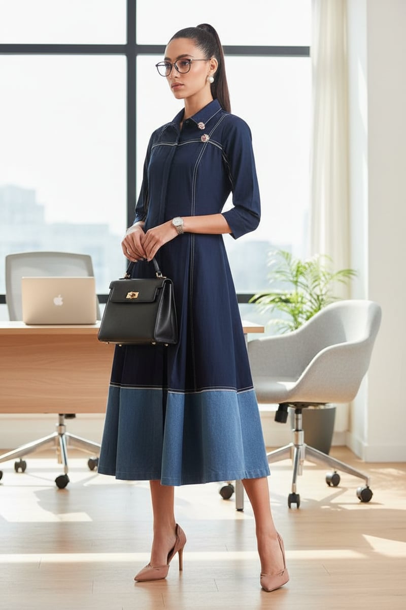 Navy Colorblocked A-Line Midi Shirt Dress