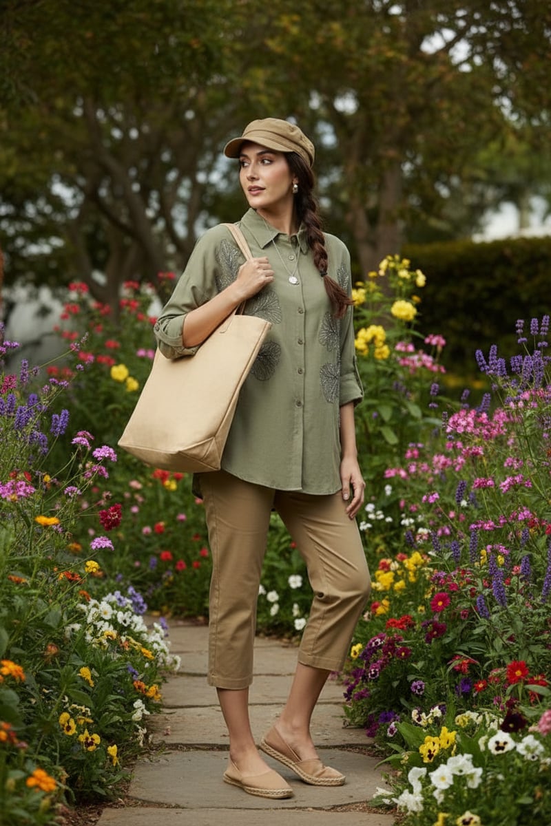 Green Longline Shirt with Sequin Foliage Motif