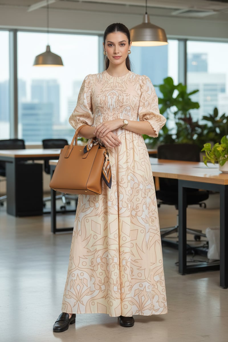 Palma Beig Abstract Print Smocked Maxi Dress