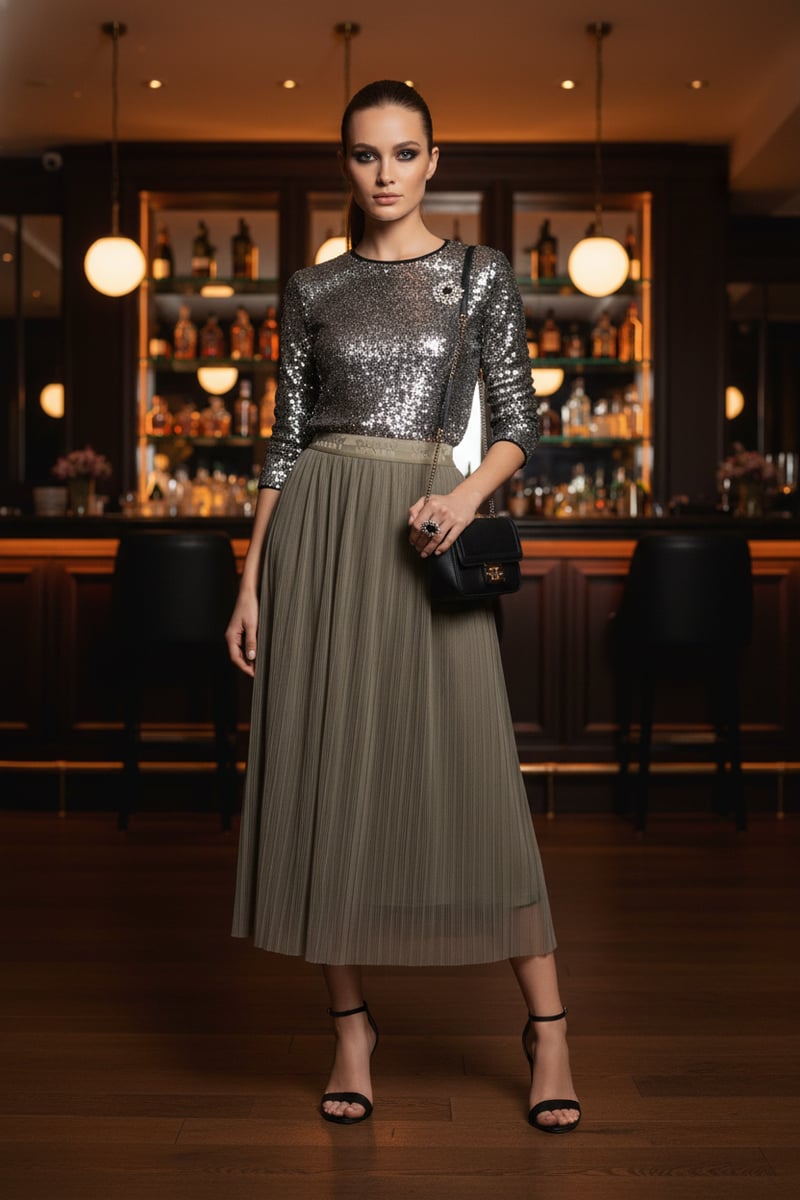 Olive Pleated Midi Skirt with Logo Waistband