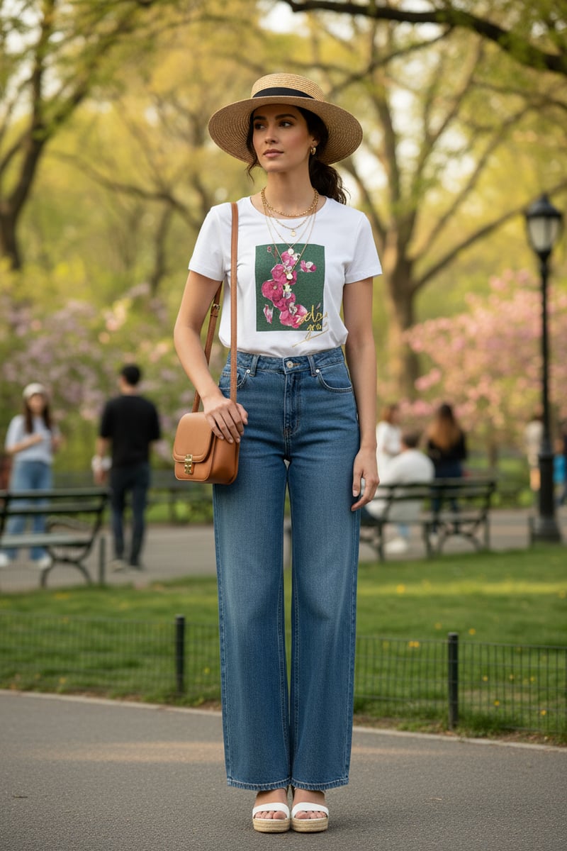 White Cotton Crew Neck T-shirt with Floral Graphic Print
