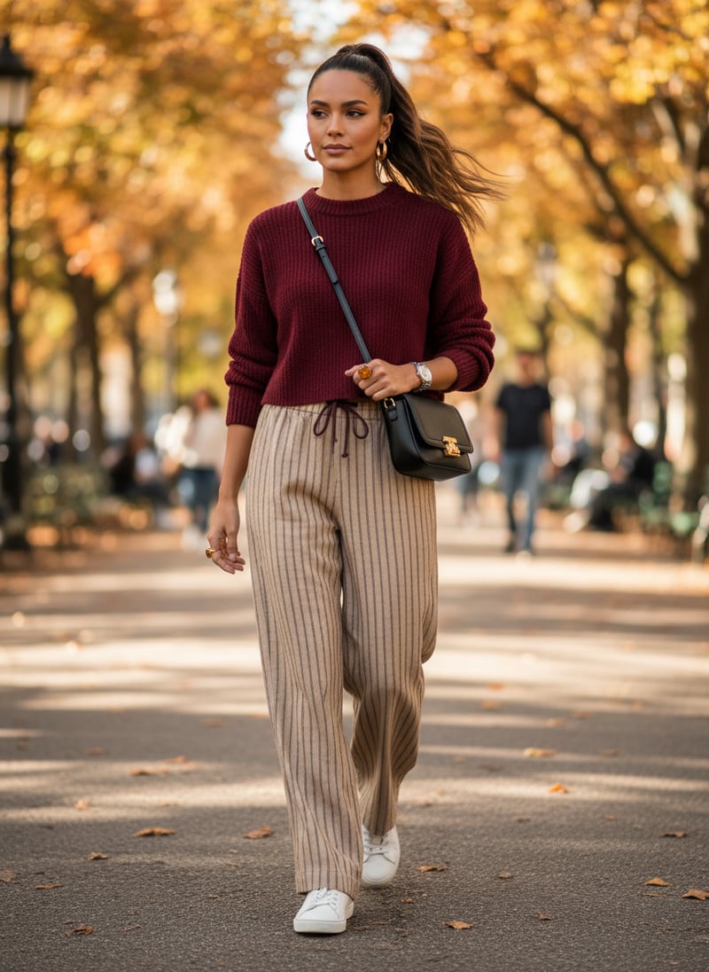 Natural Multi Linen Pinstripe Wide-Leg Trousers