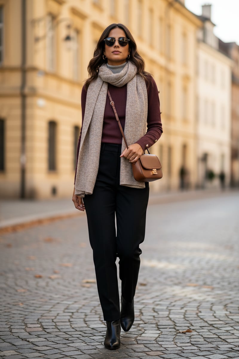Medium Brown Rib-Knit High Neck Sweater with Button Detail