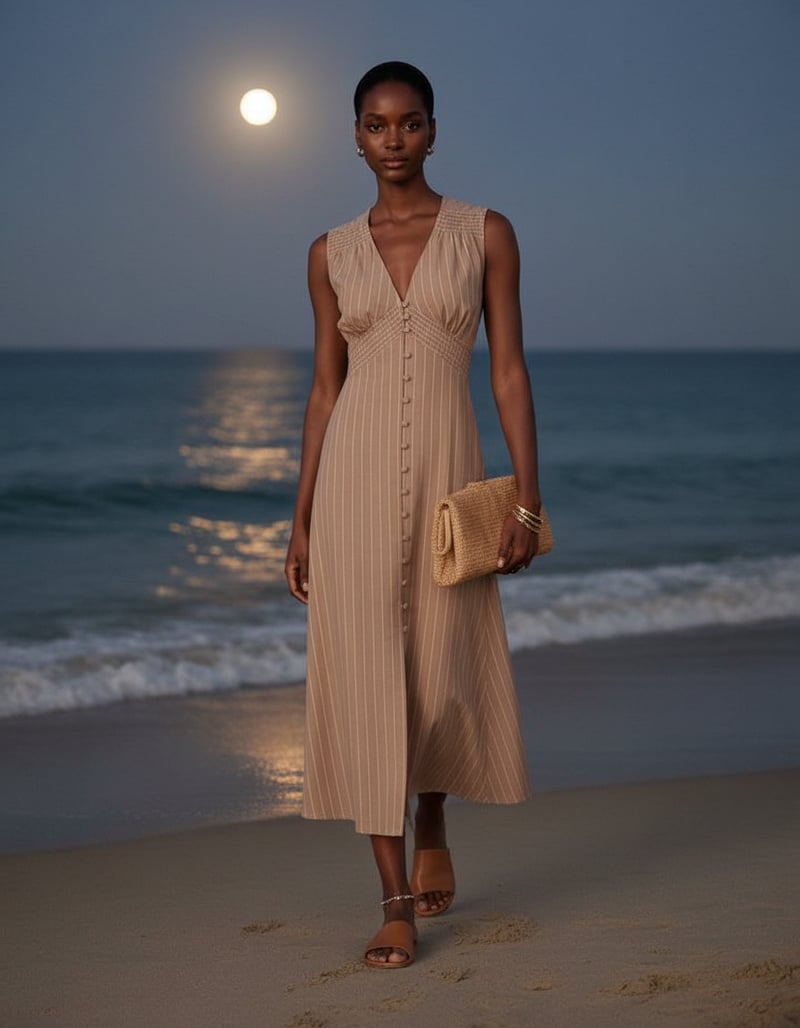 Stone Pinstripe Button-Front Midi Dress