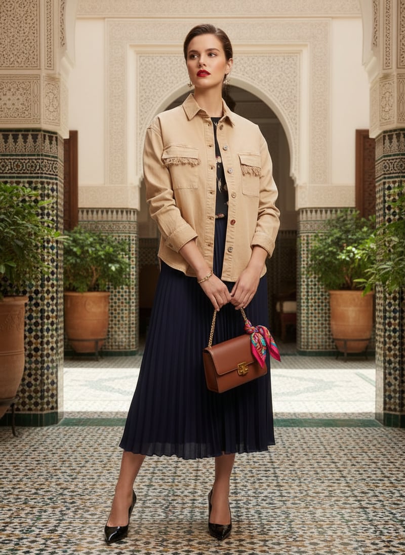 Beige Utility Button-Down Shirt with Frayed Pockets