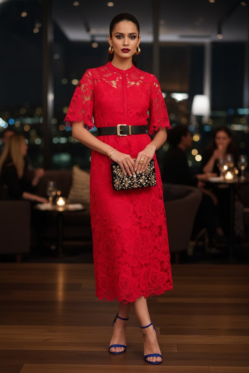 Red Lace Midi Dress with Band Collar and Flared Sleeves