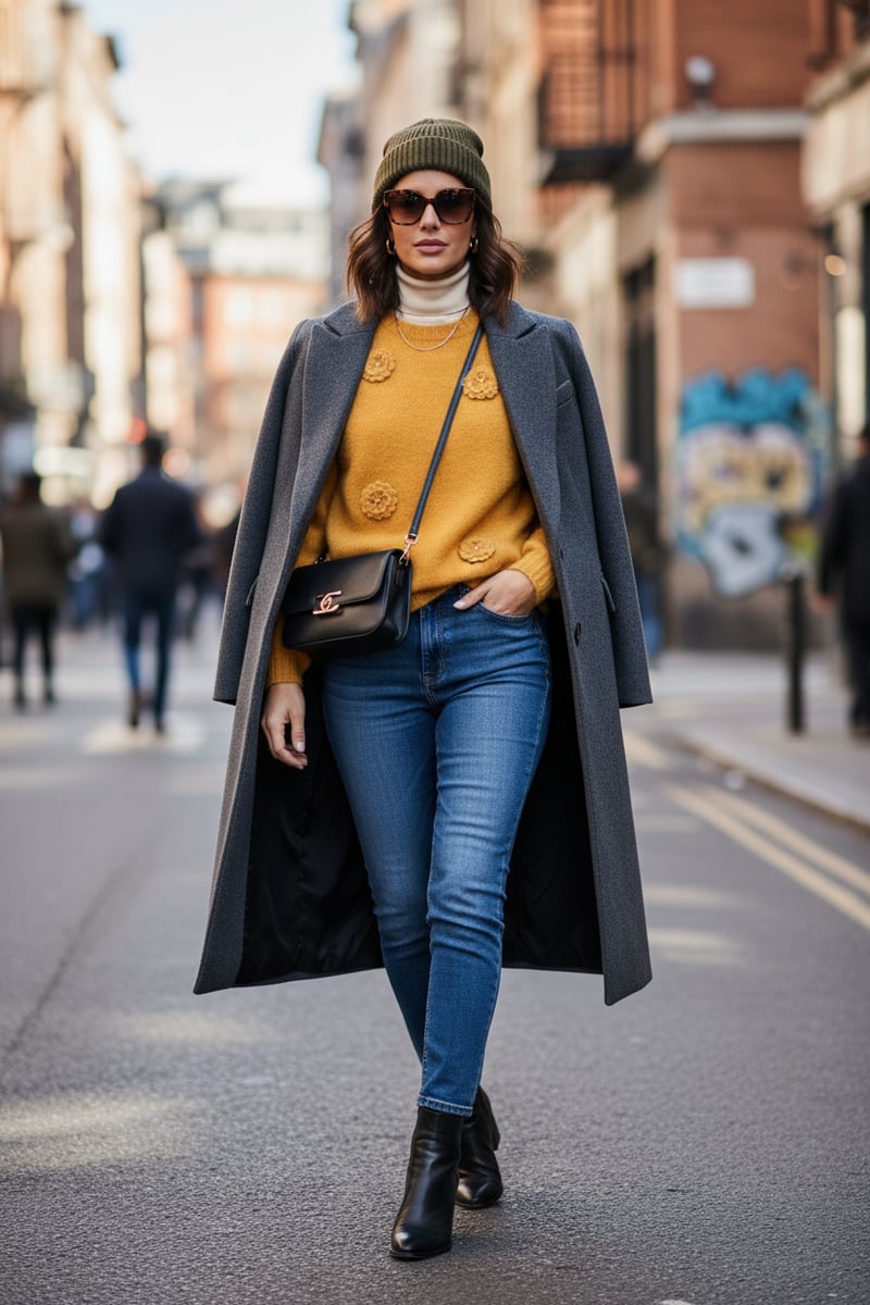Mustard Crew-Neck Sweater with 3D Floral Appliques