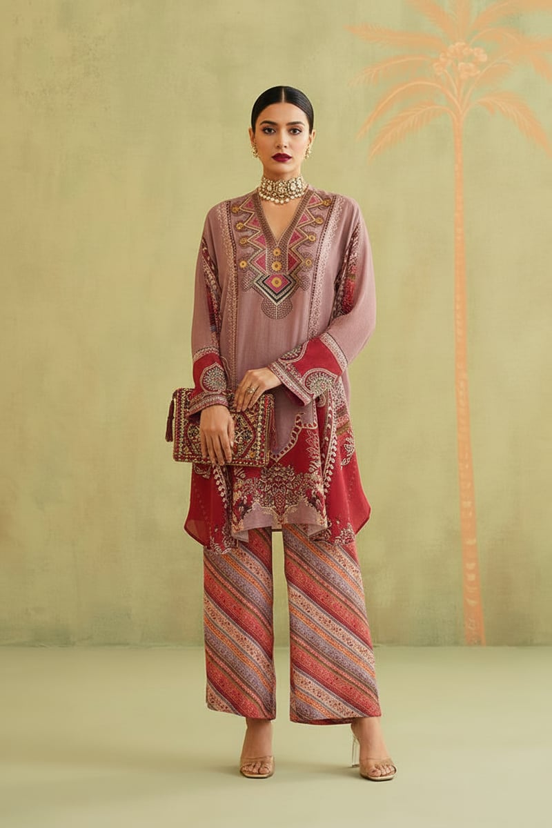 Multi Bemberg Crepe Printed Co-ord Set with Neck Embroidery
