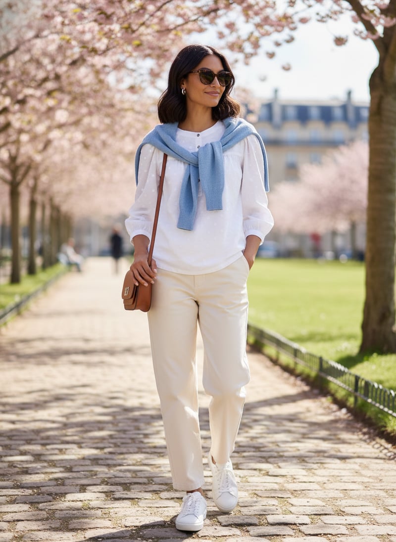 Pale Ivory Dobby Top with Puff 3/4 Sleeves