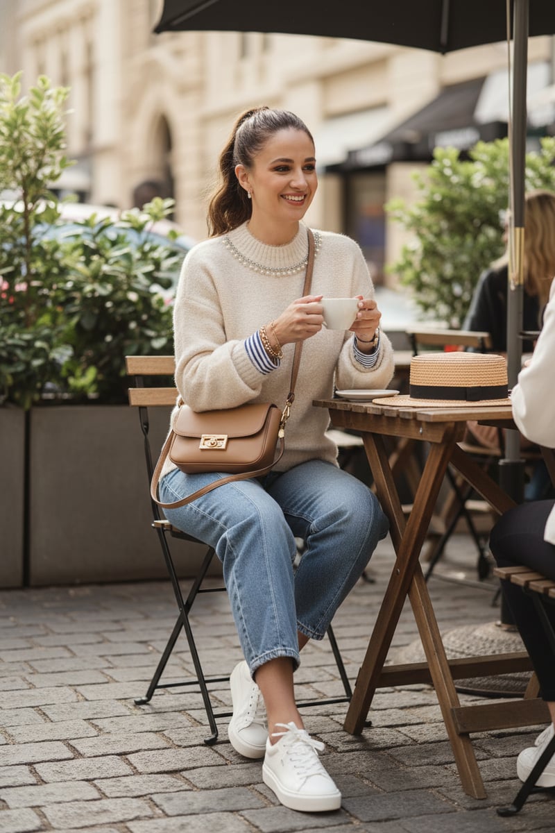 Beige Embellished Neck Pullover Sweater