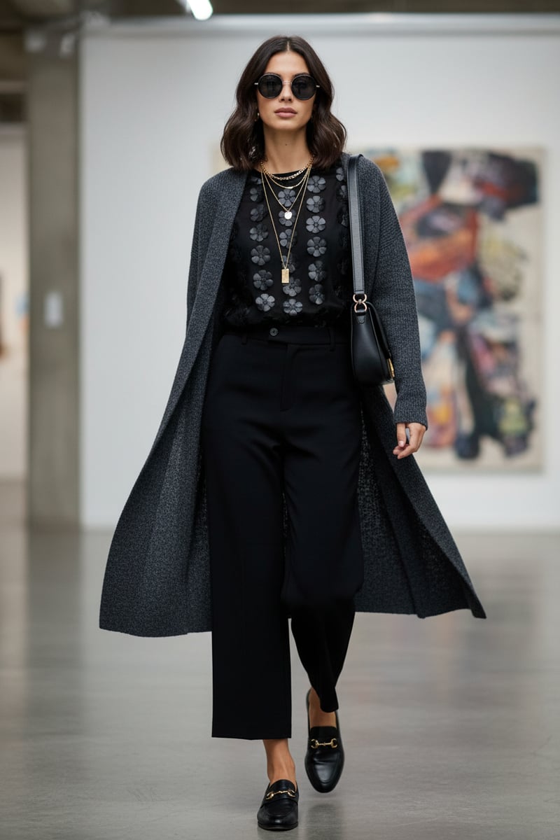 Black Mesh 3D Floral Applique Pullover Sweatshirt
