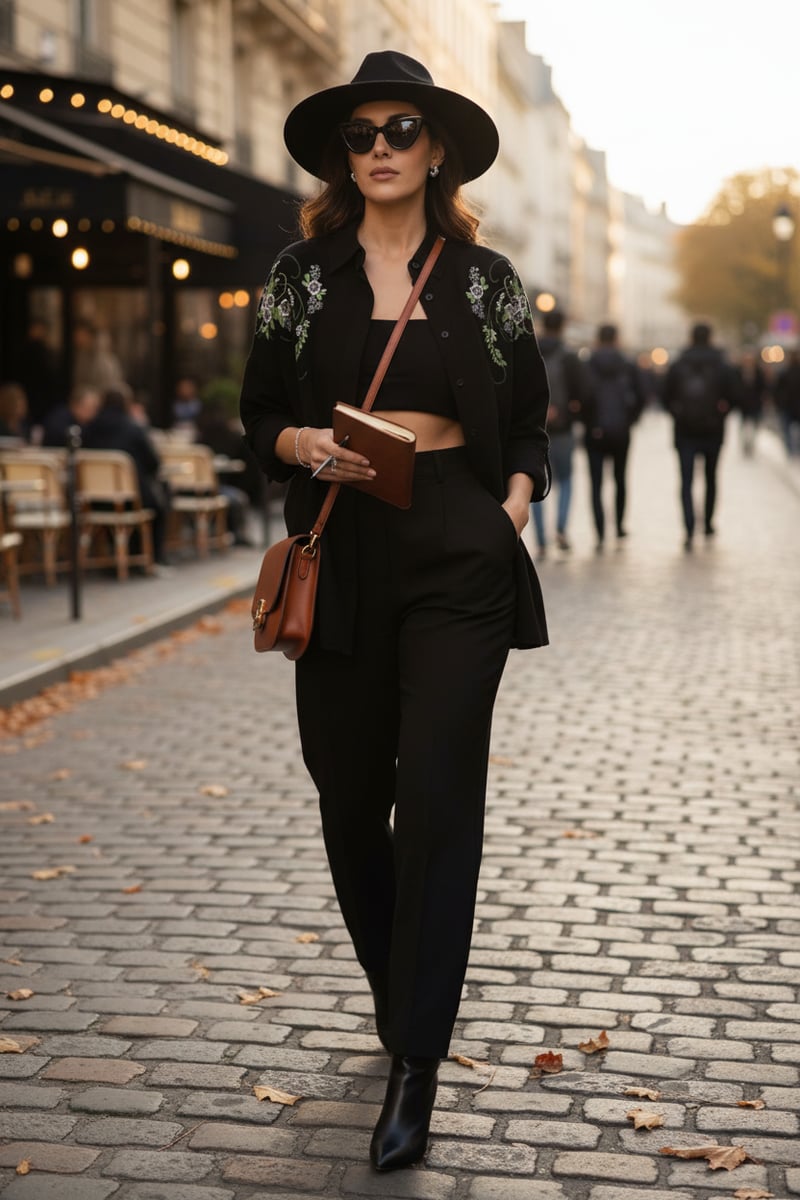 Black Button-Down Shirt with Floral Shoulder Embroidery