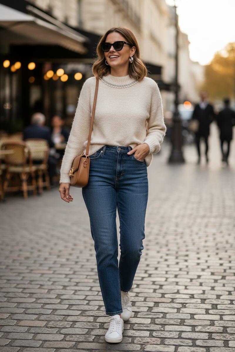 Beige Embellished Neck Pullover Sweater