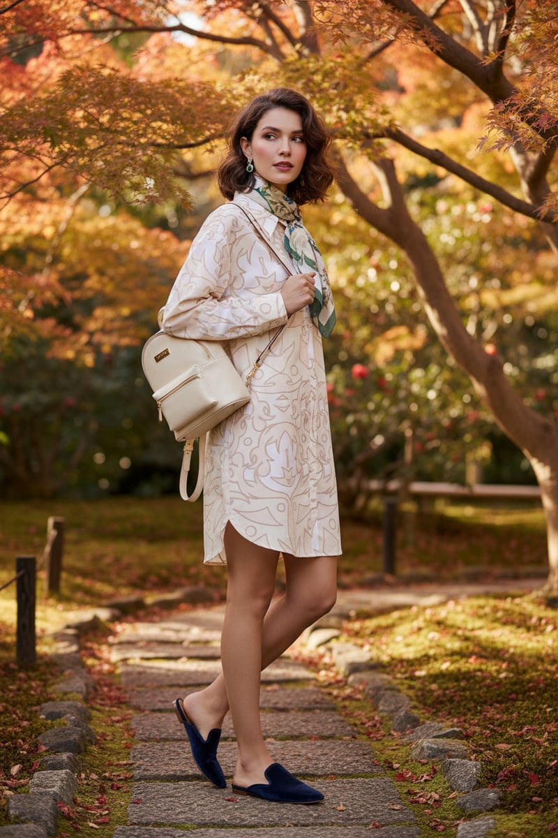 PALMA BEIG Printed Mini Shirt Dress with Button Front