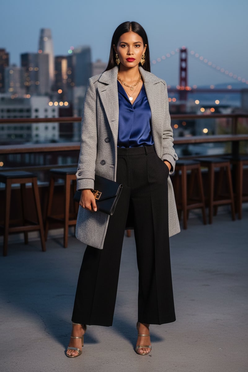 Grey Herringbone Double-Breasted Tailored Coat