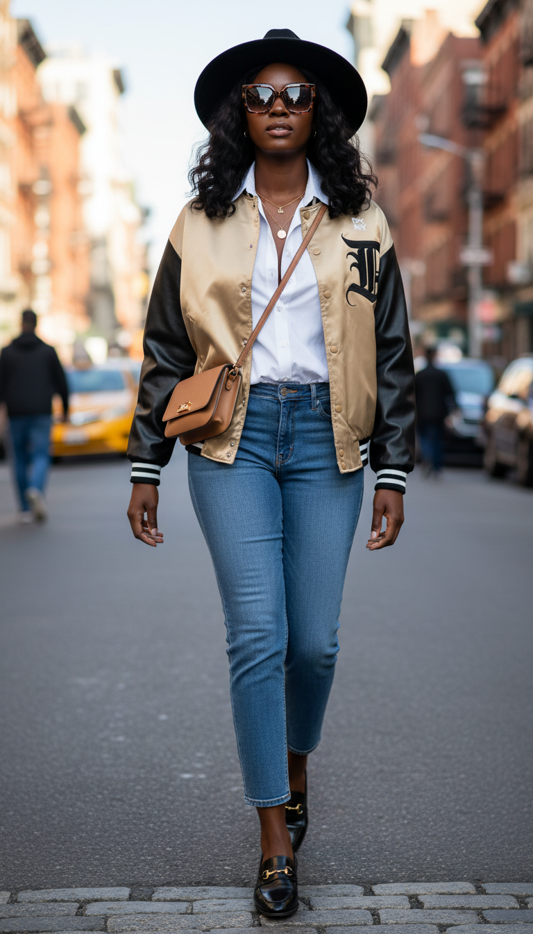 Beige and Black Colorblock Varsity Bomber Jacket