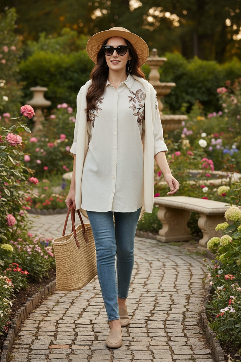 Natural Beige Embellished Longline Shirt