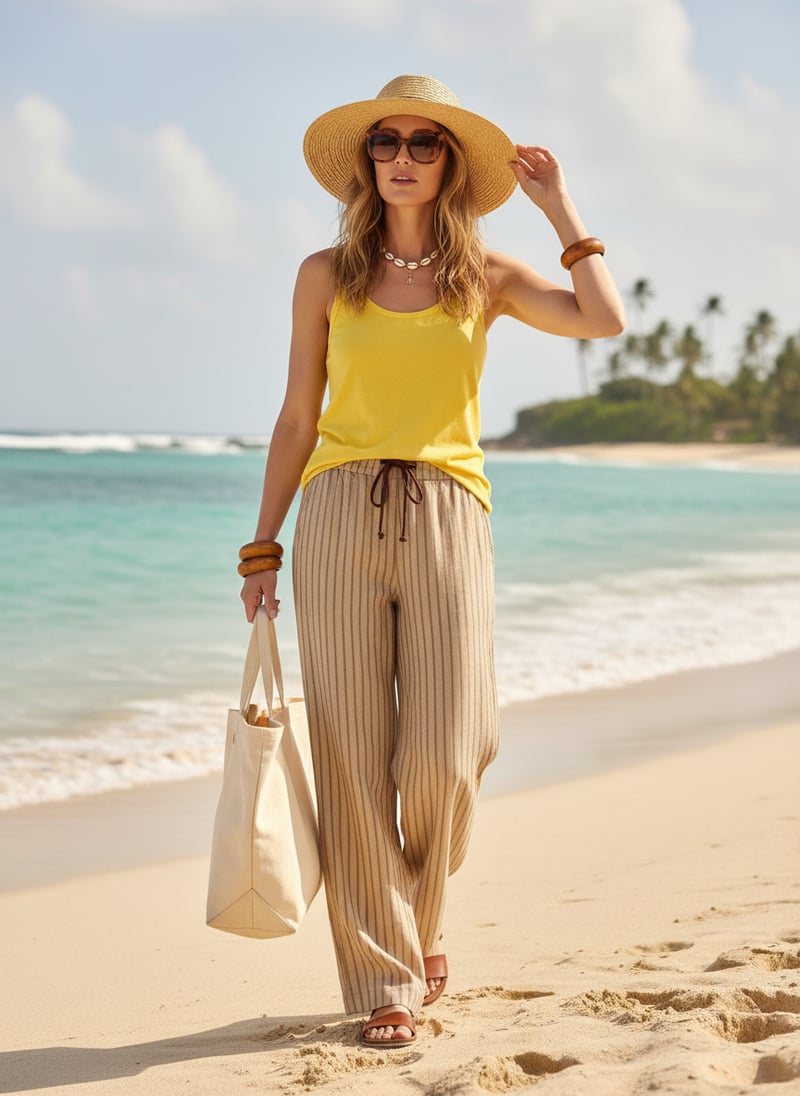 Natural Multi Linen Pinstripe Wide-Leg Trousers