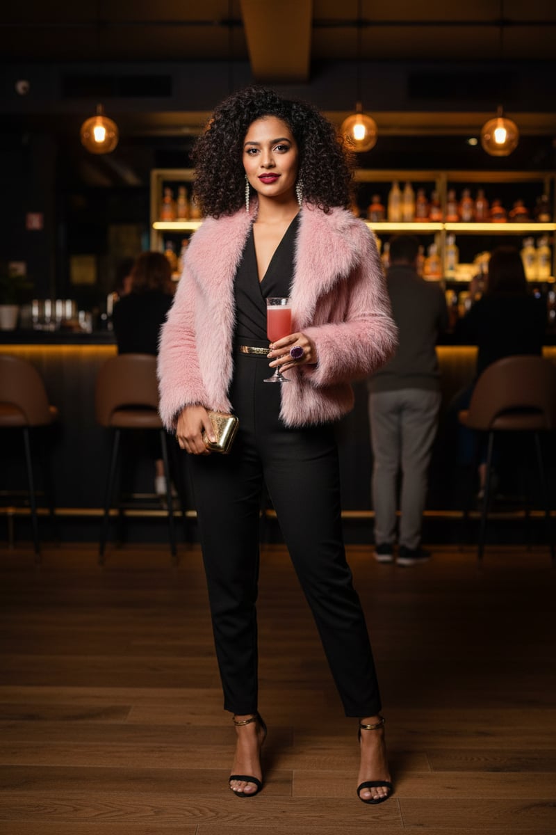 Pink Cropped Faux-Fur Jacket with Lapel Collar