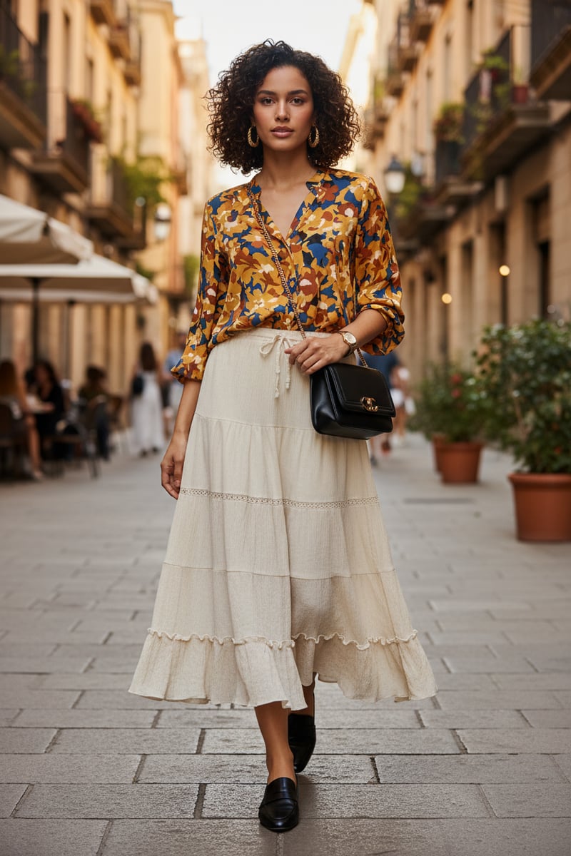 Natural Tiered Midi Skirt with Drawstring Waist