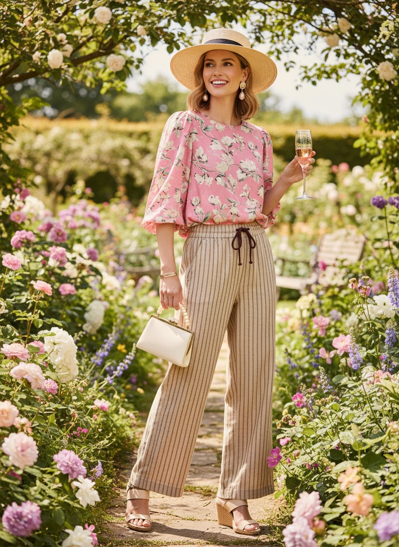 Natural Multi Linen Pinstripe Wide-Leg Trousers