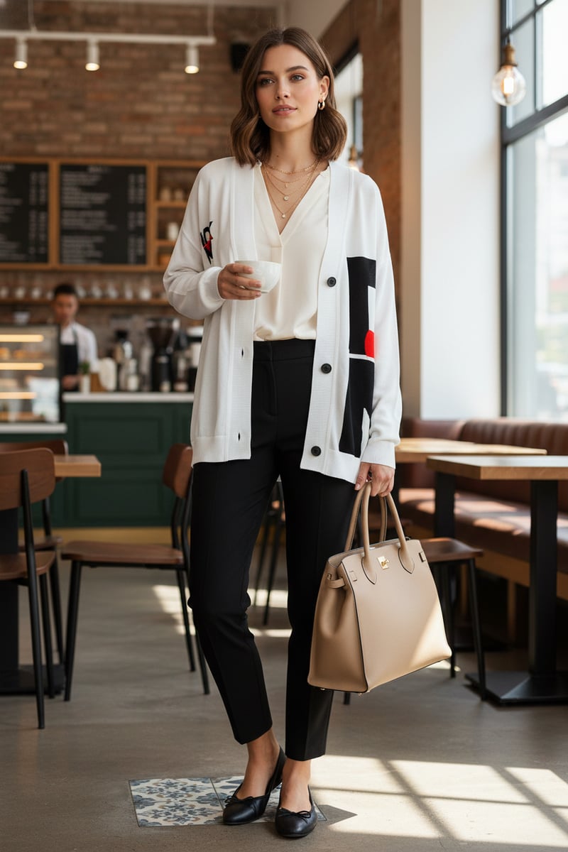White Colorblock Graphic Button-Up Longline Cardigan