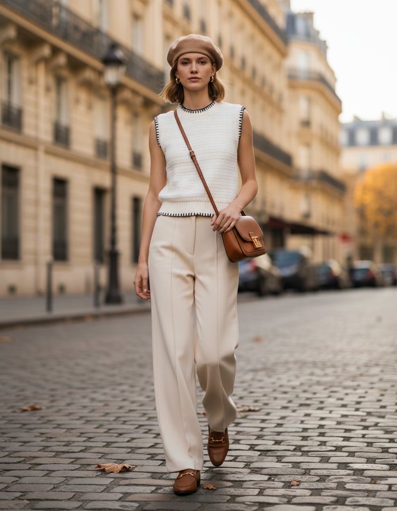 Milk White Sleeveless Knit Top with Black Contrast Trim