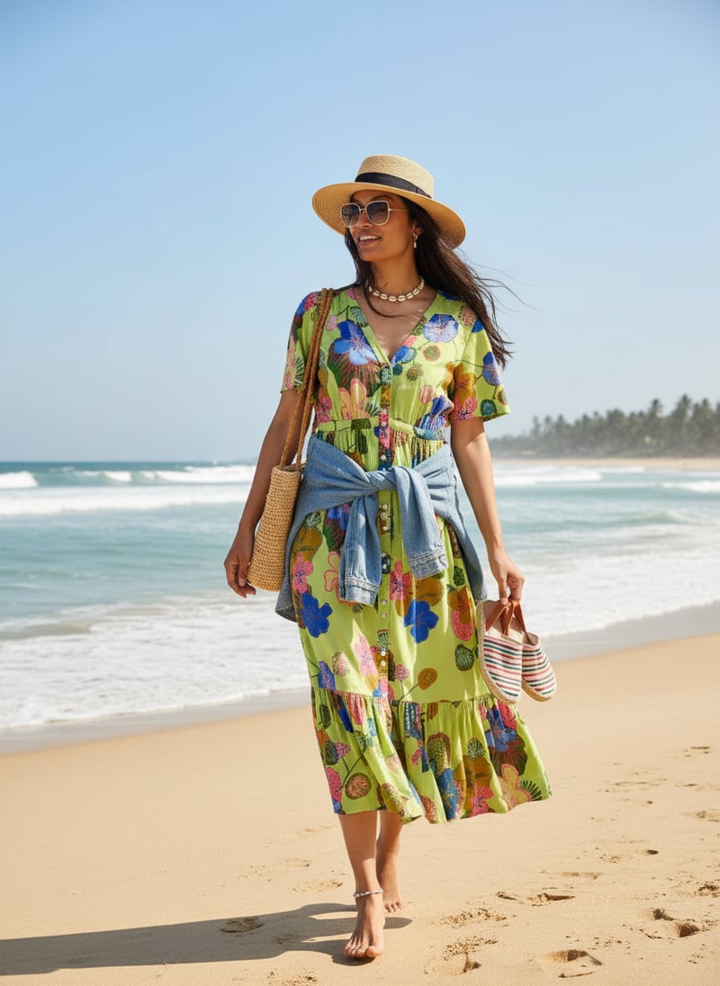 Green Floral Button-Through Tiered Midi Dress