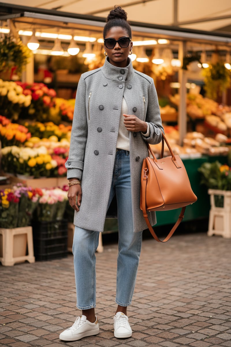 Grey Herringbone Double-Breasted Tailored Coat