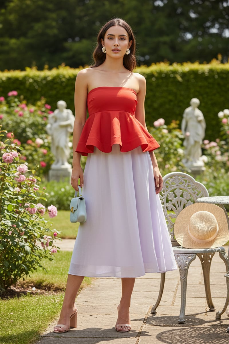 Red Bandeau Peplum Top with Ruffle Hem