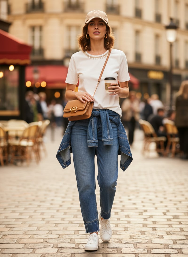 White Crew-Neck T-Shirt with Embellished Neckline